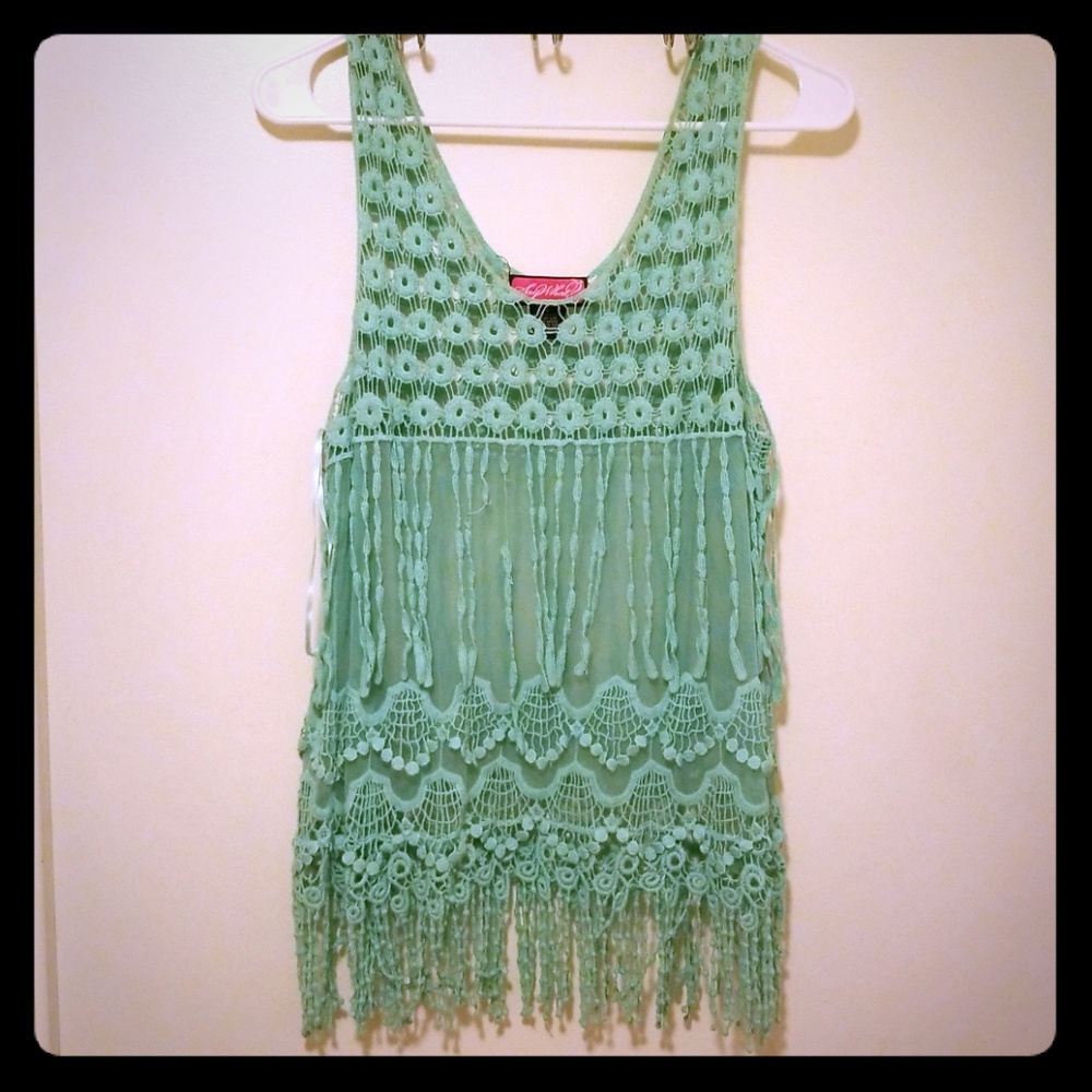 Teal See Through Lace Fringe Tank
